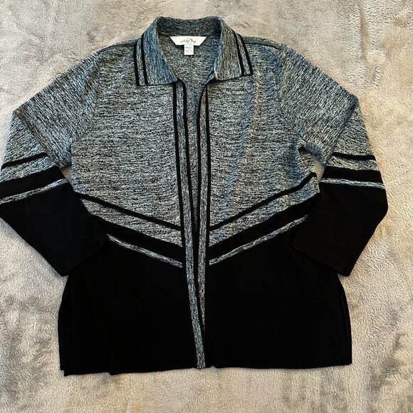 Ming Wang Collared Cardigan Women's LARGE Black Blue Open Stretch - Picture 1 of 5